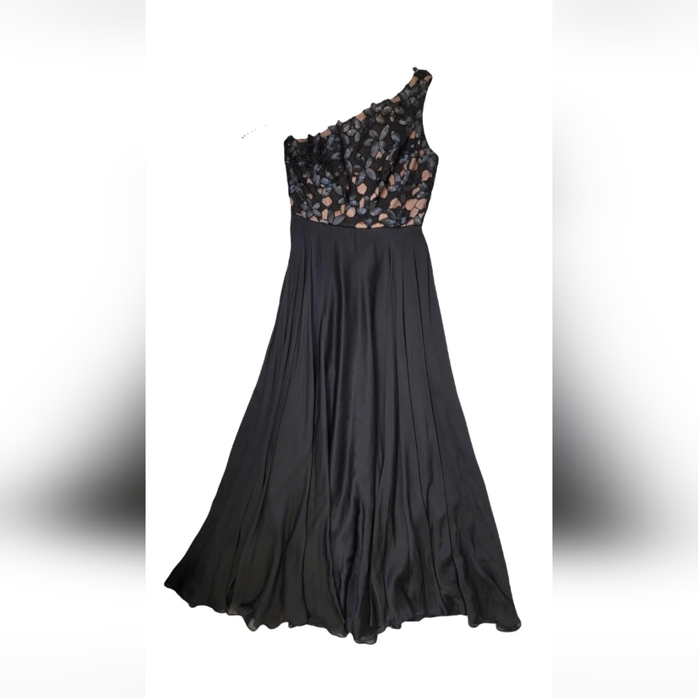 Lloyd Klein Black Silk One Shoulder Evening Gown
